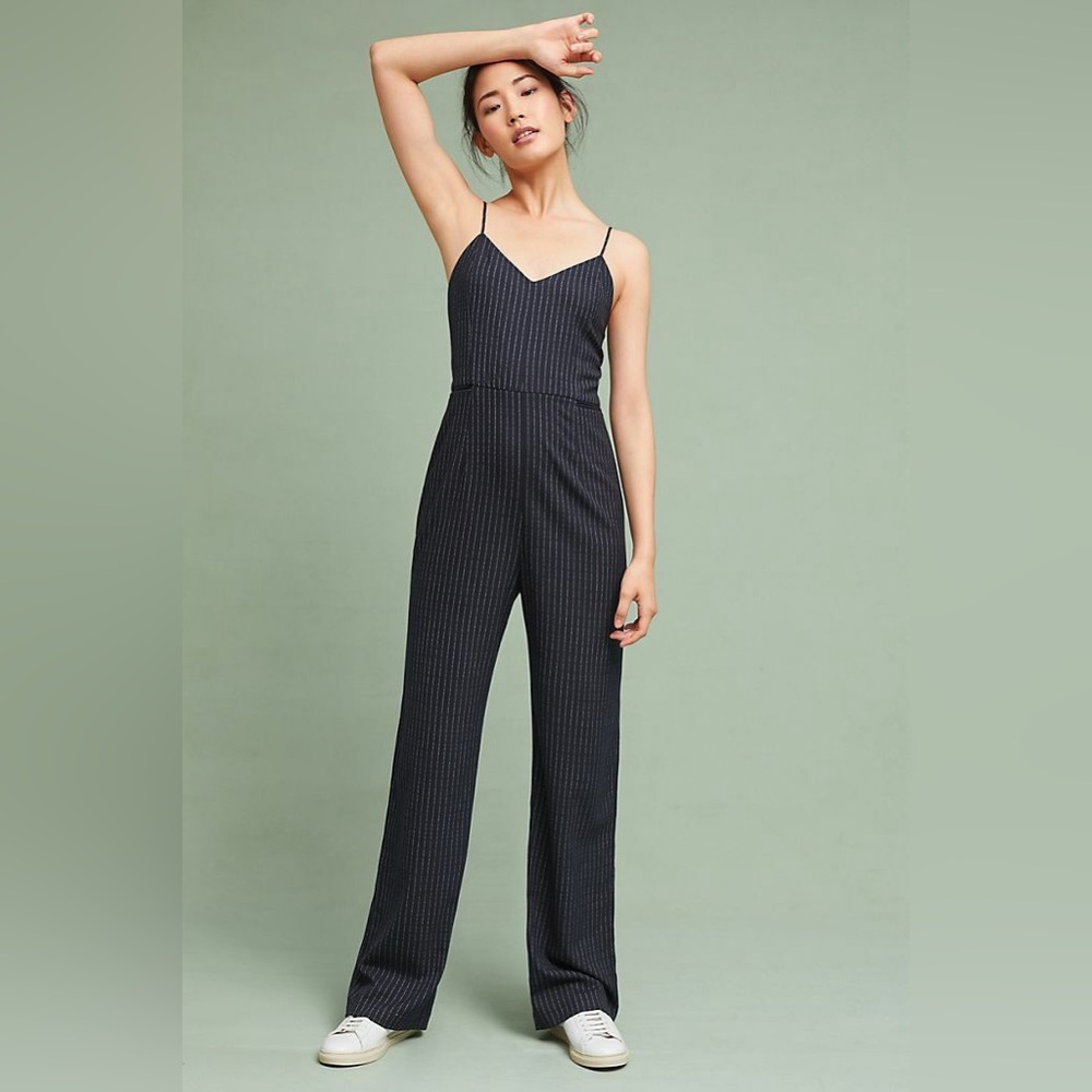 Anthropologie The Essential Pinstripe Jumpsuit Size 10 Navy Blue White Straight